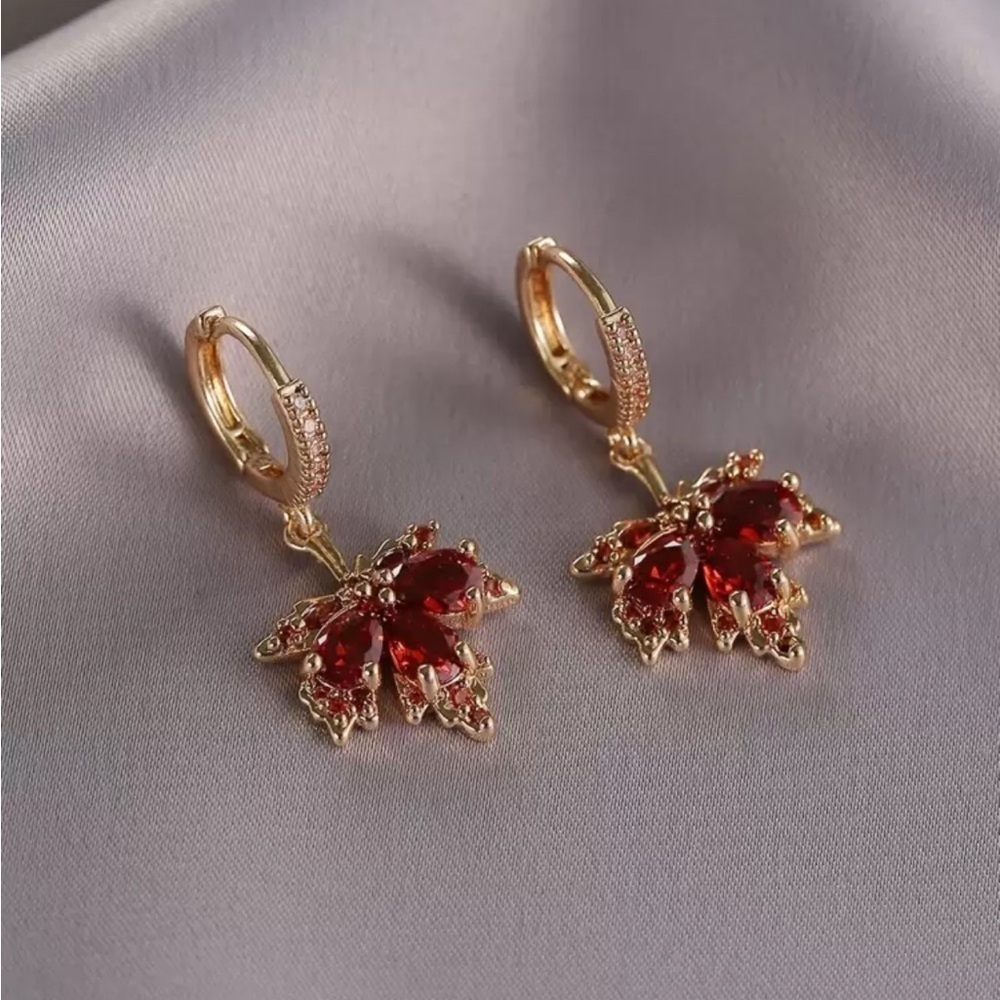 18k Gold Plated Burgundy Crystal Maple Leaf Drop Earrings